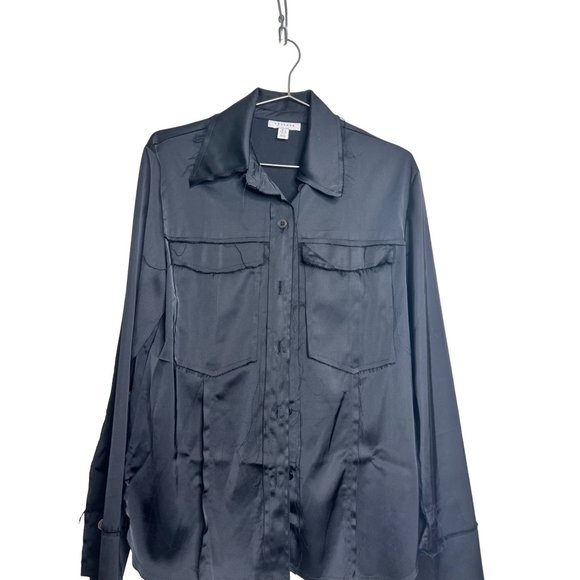 Topshop Shirt Womens 2 Black Long Sleeve Co-ord Satin Raw Edges Button Front - Picture 3 of 6